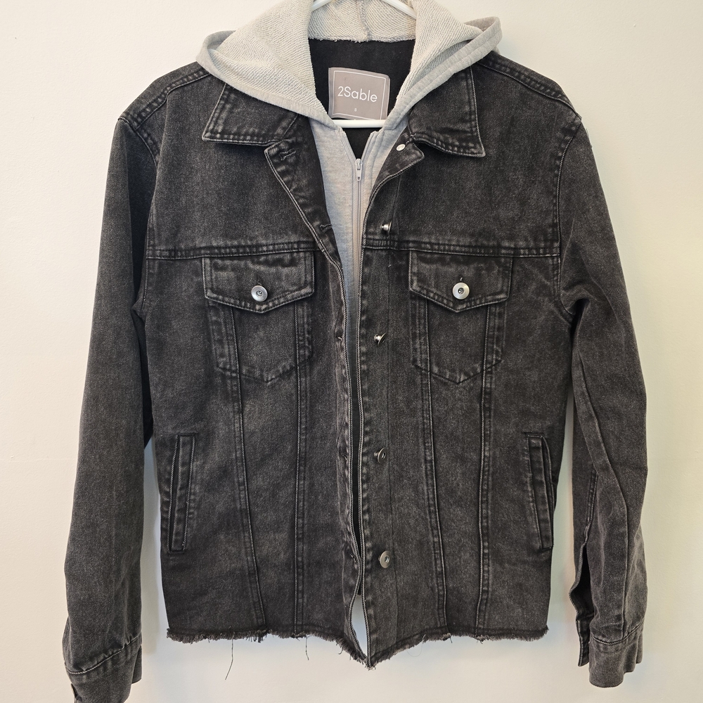 2Sable Black Denim Jacket with Gray Hood